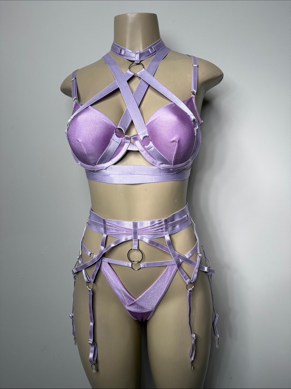 Lavender Strappy Satin Bra & Garter Lingerie Set